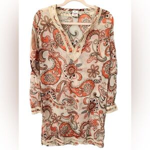 La Leela Top Paisley Boho V-Neck Tunic Cover Up Coral Cream Gold Trim One Size
